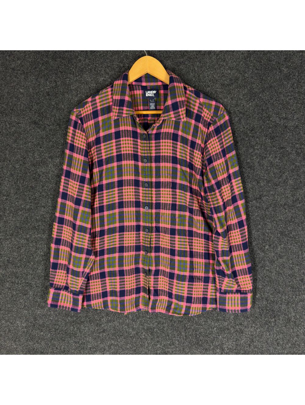 Lands' End Shirt Women XL Pink Plaid Button Up Collared Long Sleeve Cotton - Picture 3 of 10